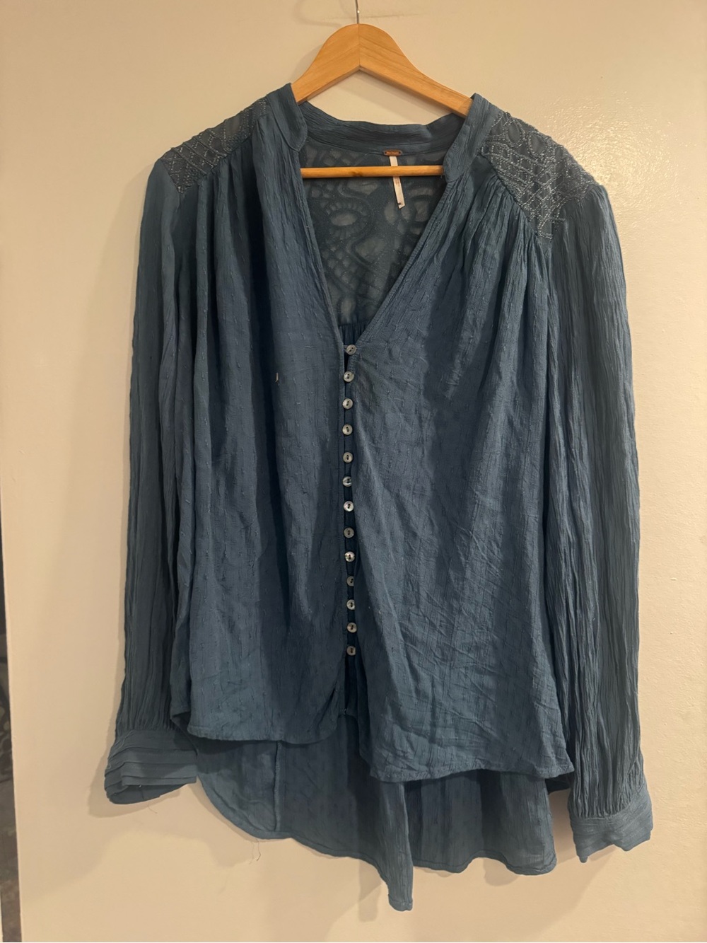 Free People Slate Blue Poetic Button Front Blouse Women’s Large Boho